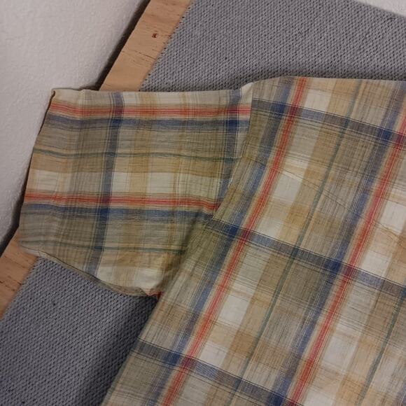 Vtg Walls Ranch Wear Western Shirt L Tan/Orange Plaid Pearl Snap Short Sleeve - Picture 10 of 15